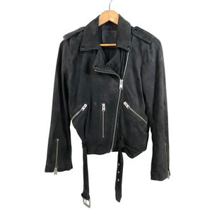 Allsaints Balfern Black Suede Biker Jacket US Size 8 Belted Hem Super Soft